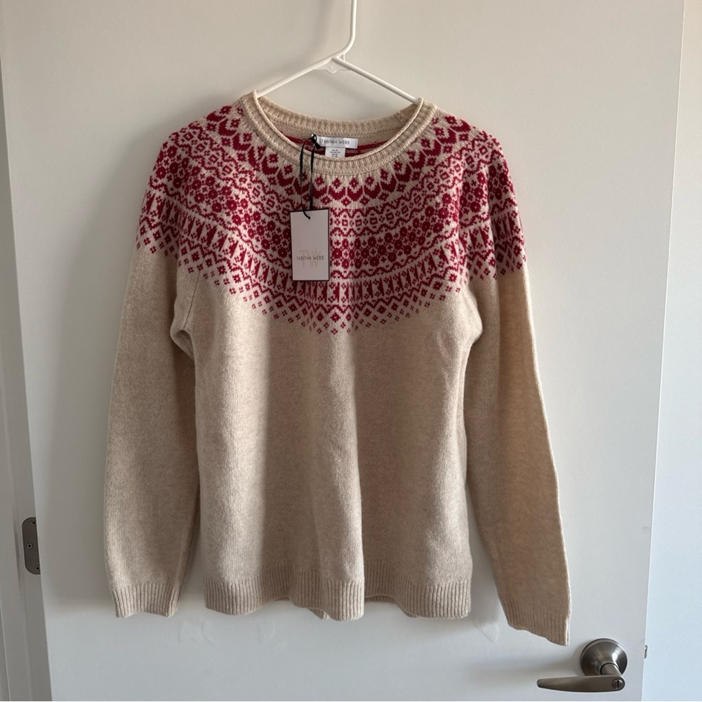 NWT Tabitha Webb Fair Isle Lambswool Pullover Sweater Red Cream Size XL new